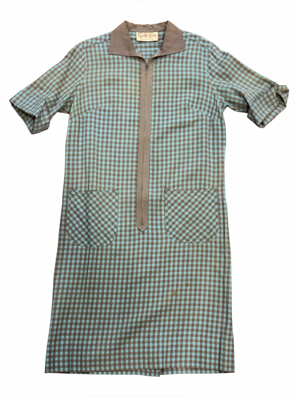 Vintage 1950’s 1960’s Route one  Retro Brown and blue Gingham zip dress M/S